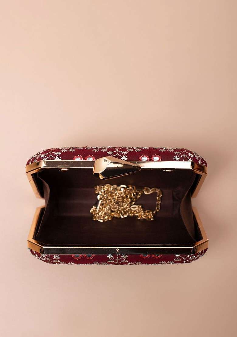 Maroon Embroidered Satin Clutches - Indya