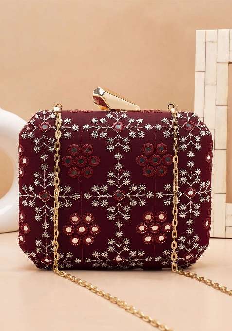 Maroon Embroidered Satin Clutches
