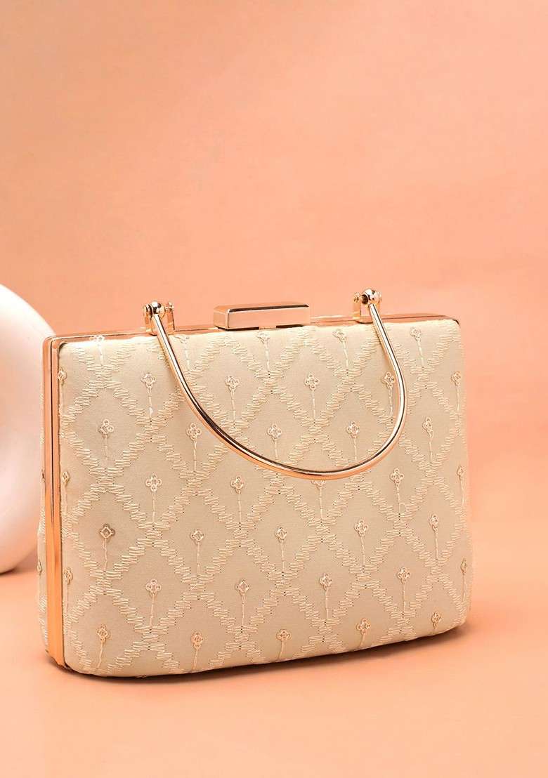 Beige Embroidered Satin Clutches - Indya