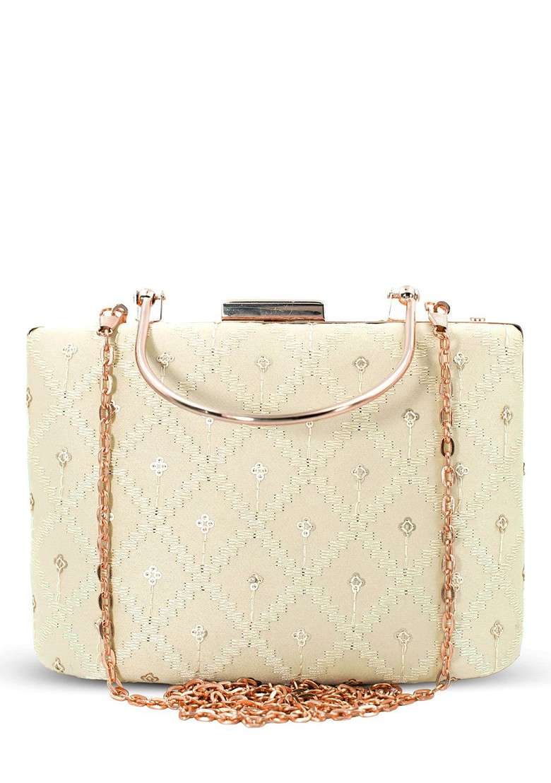 Beige Embroidered Satin Clutches - Indya