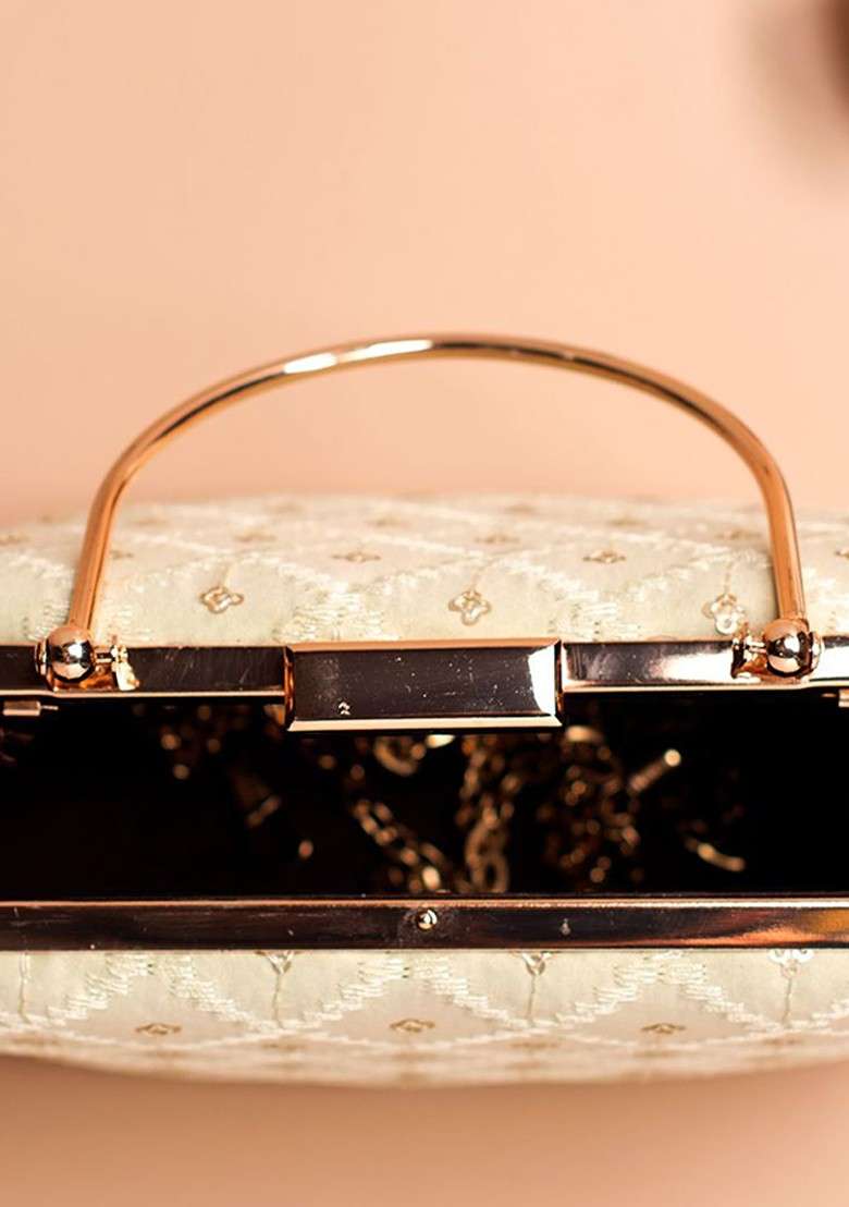 Beige Embroidered Satin Clutches - Indya