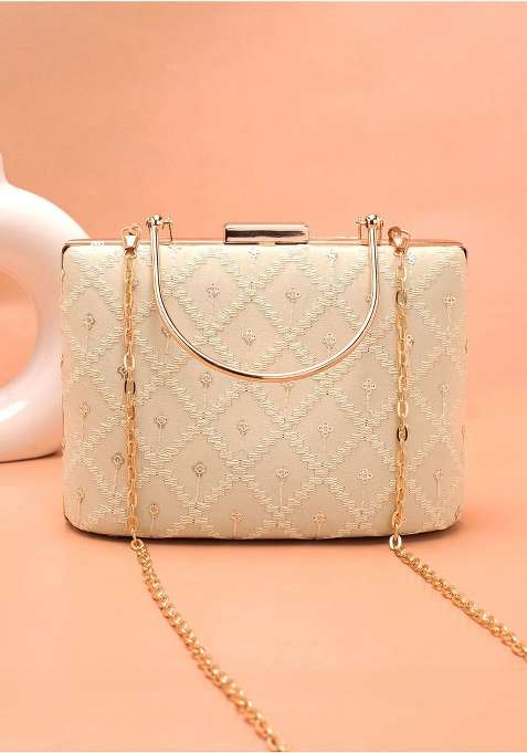 Beige Embroidered Satin Clutches