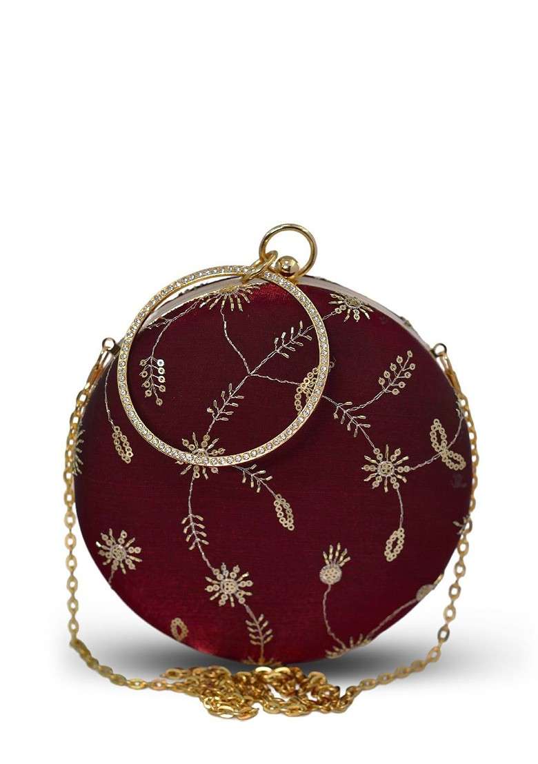 Maroon Embroidered Satin Clutches - Indya