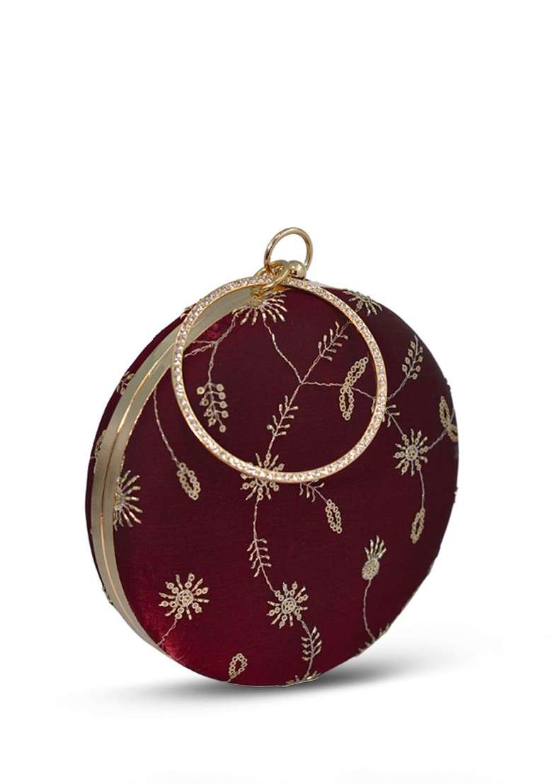 Maroon Embroidered Satin Clutches - Indya
