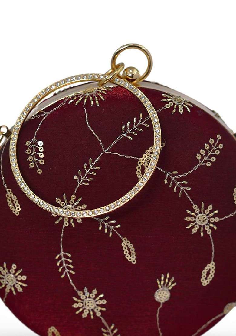 Maroon Embroidered Satin Clutches - Indya