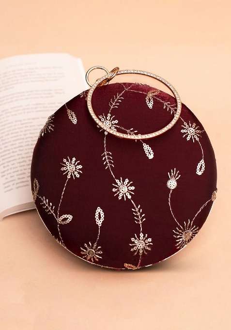 Maroon Embroidered Satin Clutches