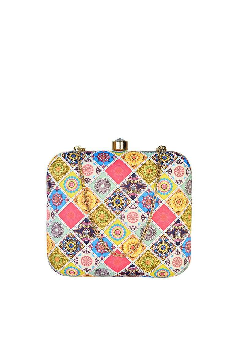 Yellow Printed Satin Clutches - Indya