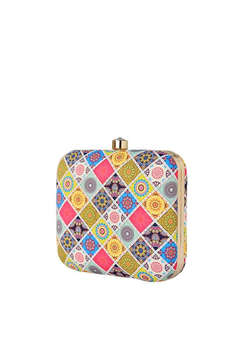 Yellow Printed Satin Clutches - Indya