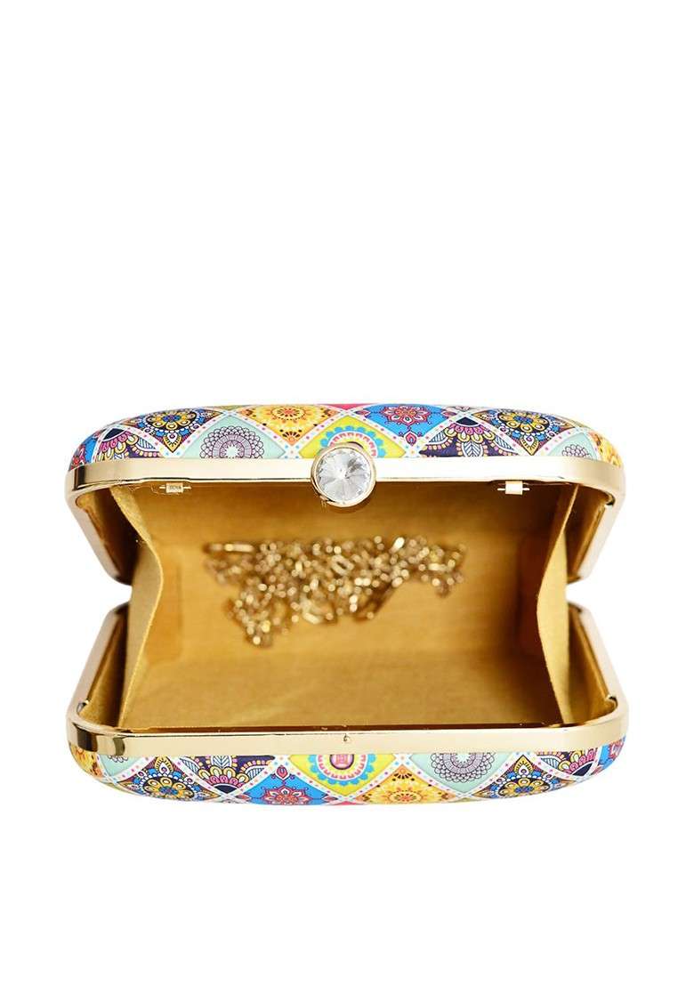 Yellow Printed Satin Clutches - Indya