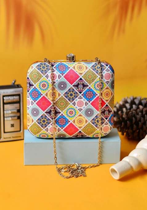 Yellow Printed Satin Clutches
