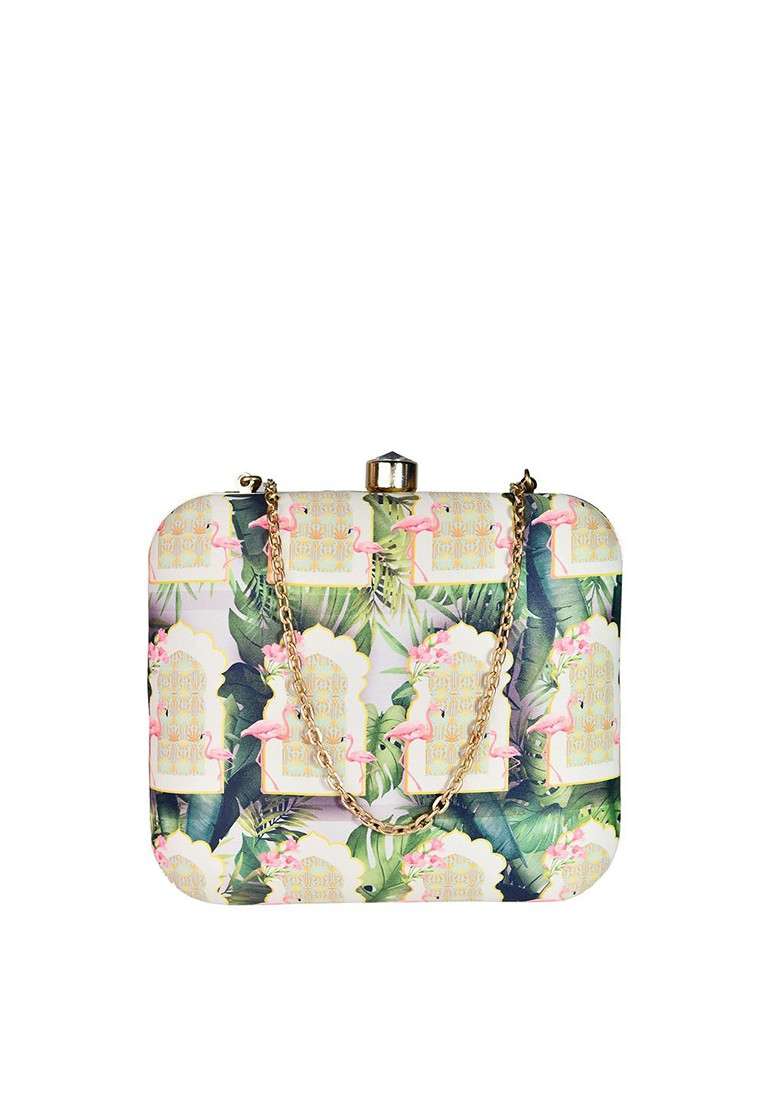 Green Printed Satin Clutches - Indya