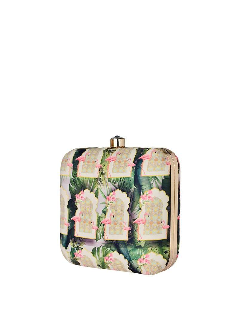 Green Printed Satin Clutches - Indya