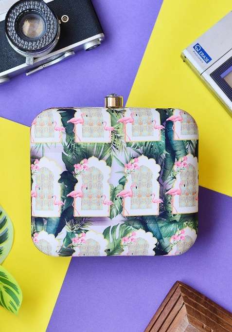 Green Printed Satin Clutches