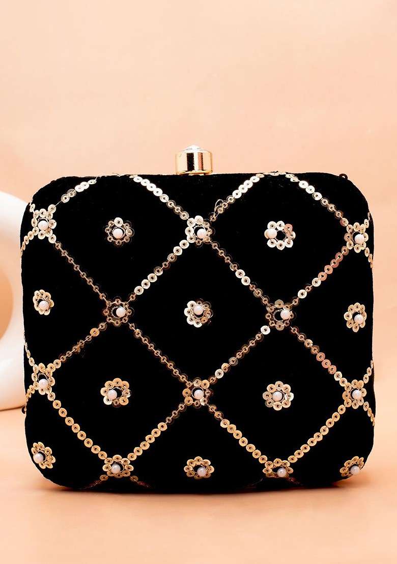Black Embroidered Satin Clutches - Indya