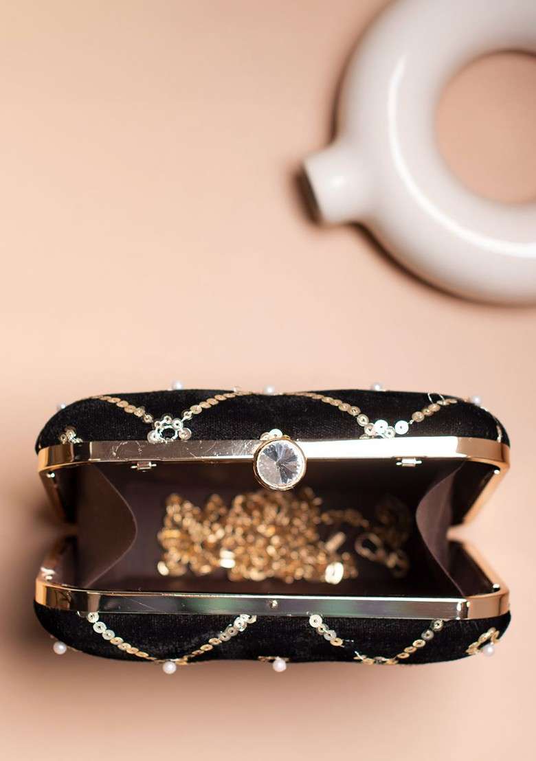 Black Embroidered Satin Clutches - Indya