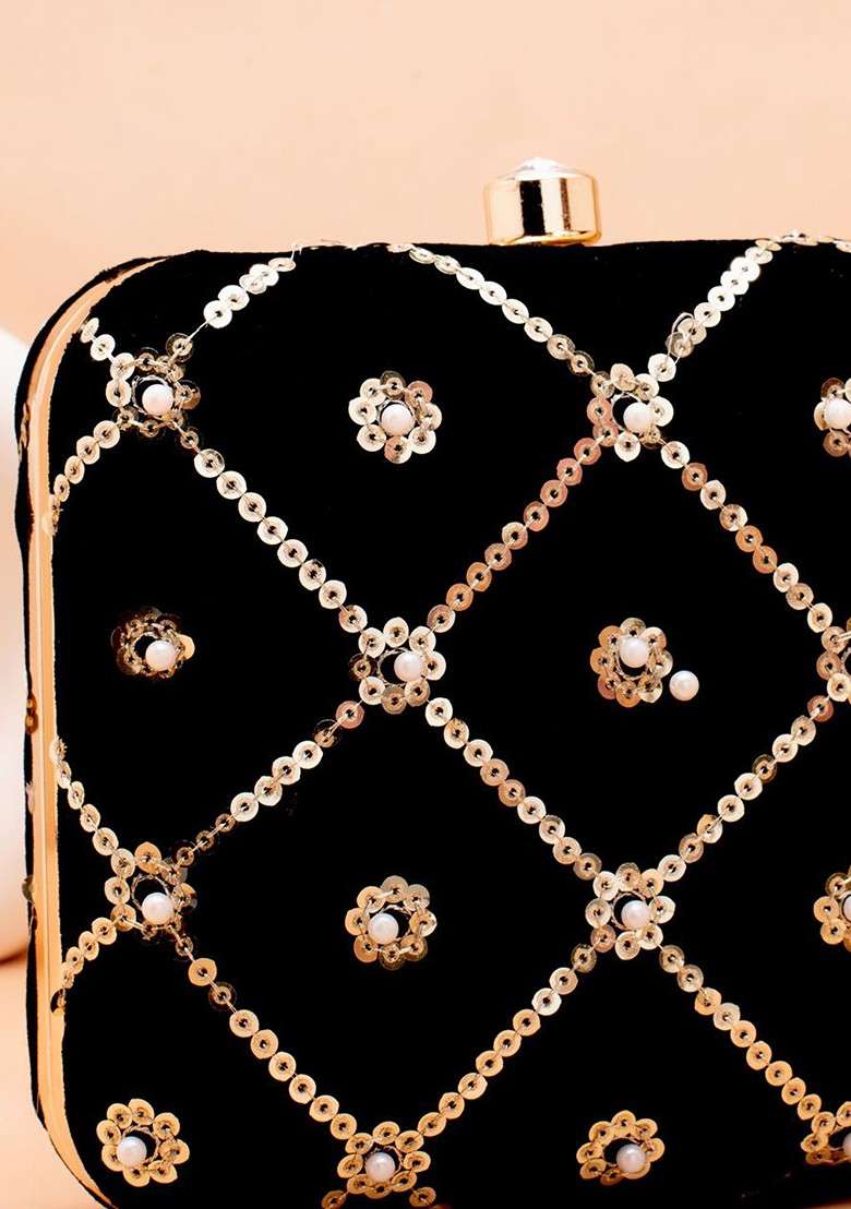 Black Embroidered Satin Clutches - Indya