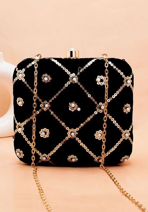 Black Embroidered Satin Clutches