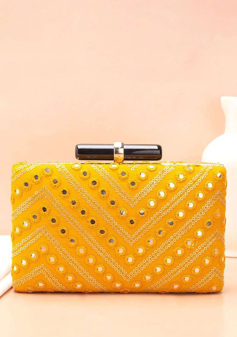 Yellow Embroidered Satin Clutches - Indya
