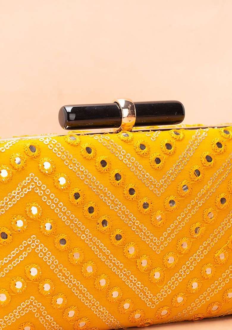 Yellow Embroidered Satin Clutches - Indya