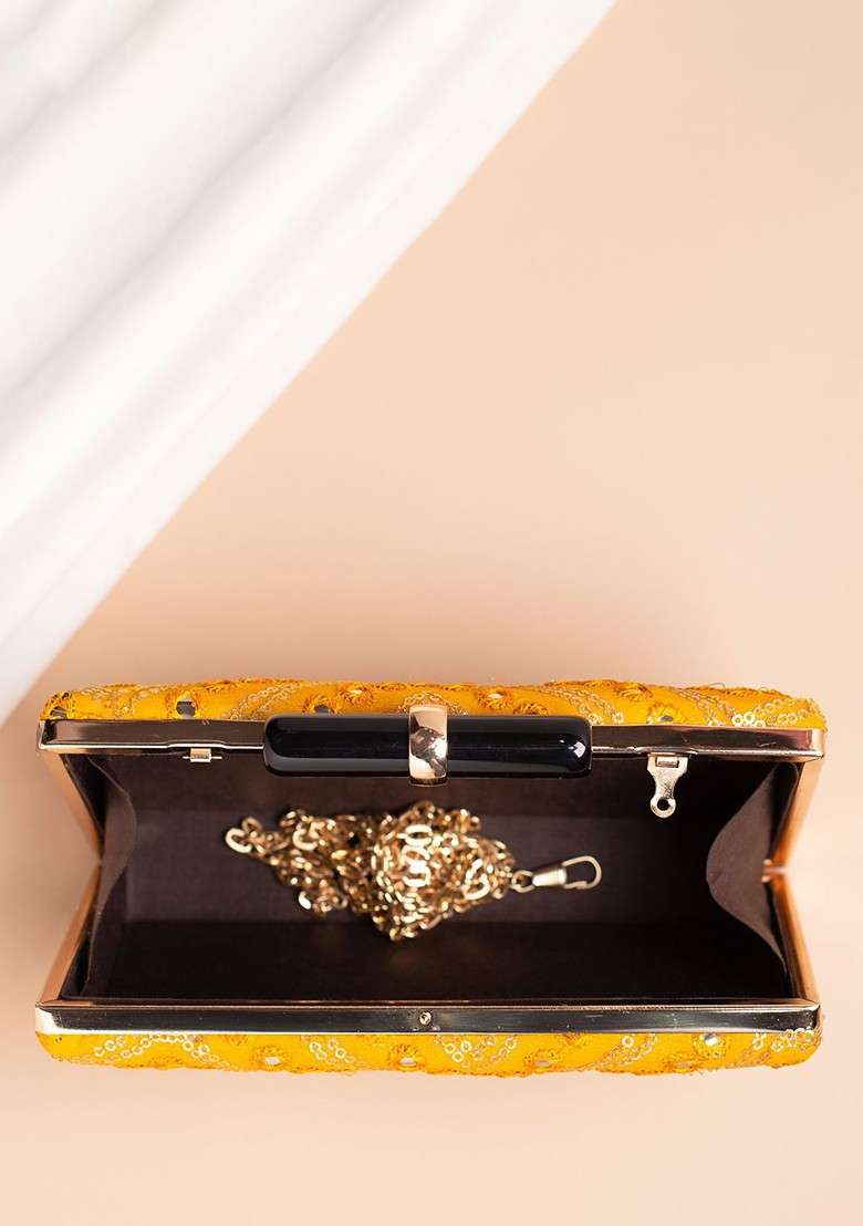 Yellow Embroidered Satin Clutches - Indya