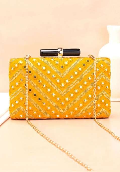 Yellow Embroidered Satin Clutches