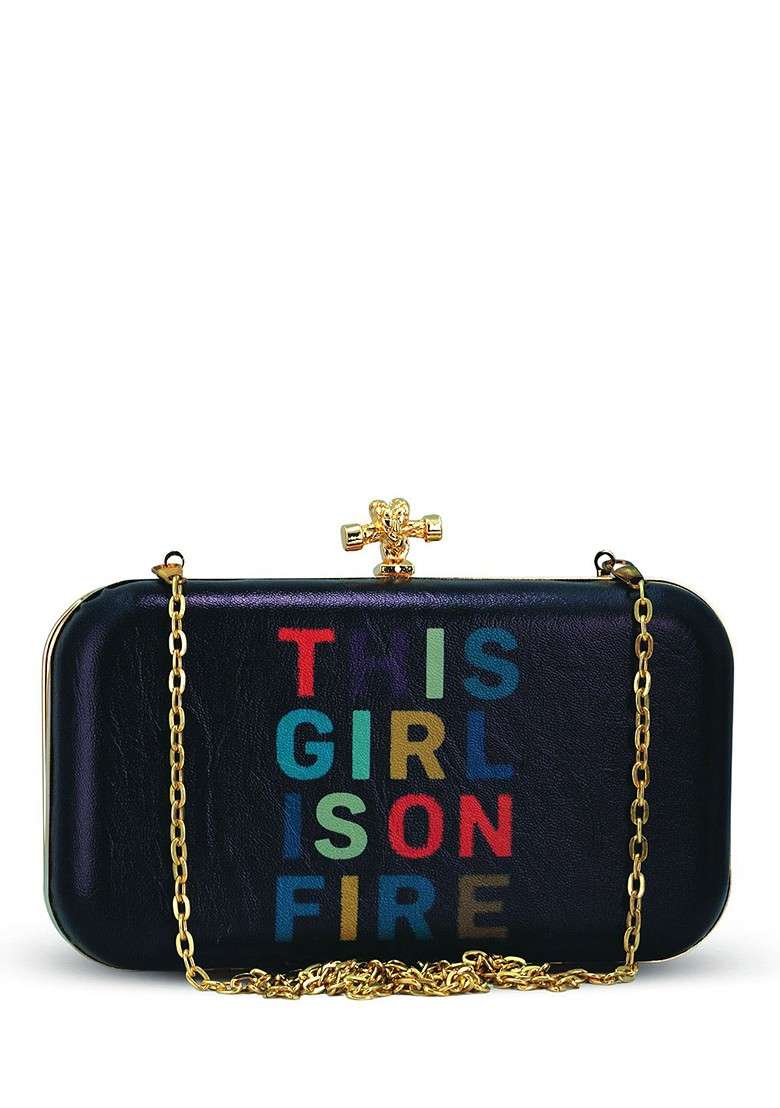 Black Printed Satin Clutches - Indya