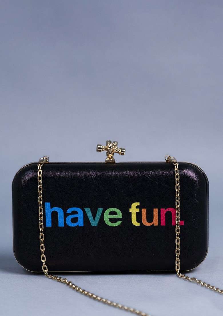 Black Printed Satin Clutches - Indya