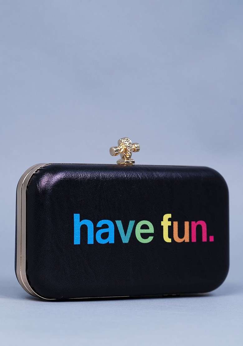 Black Printed Satin Clutches - Indya
