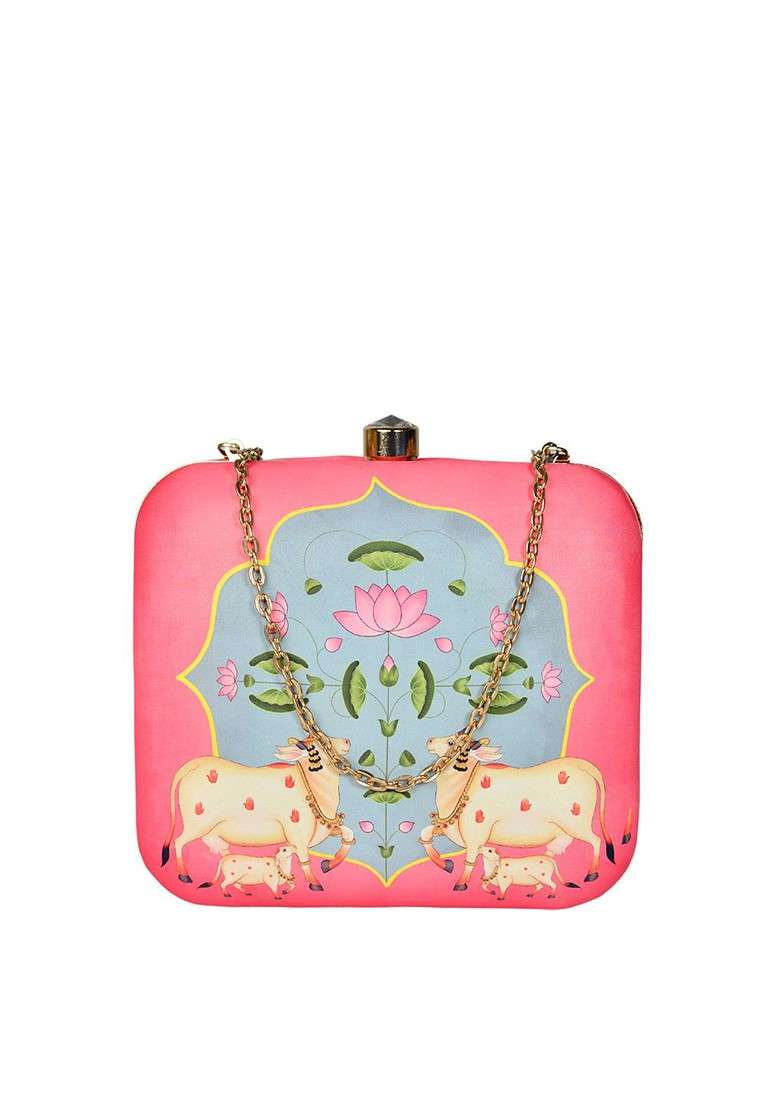 Pink Printed Satin Clutches - Indya