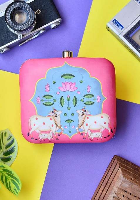 Pink Printed Satin Clutches