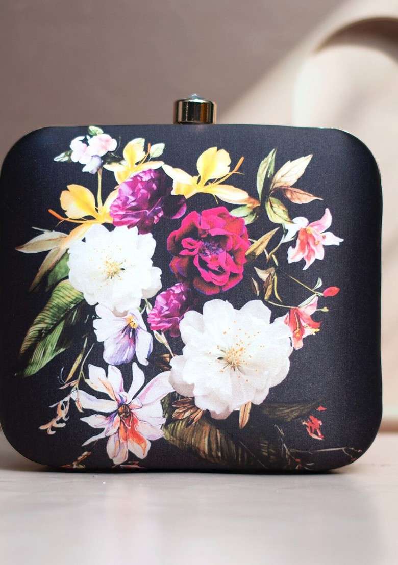 Black Printed Satin Clutches - Indya