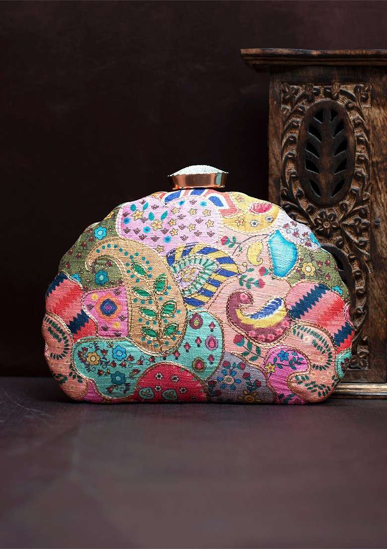Pink Embroidered Satin Clutches - Indya