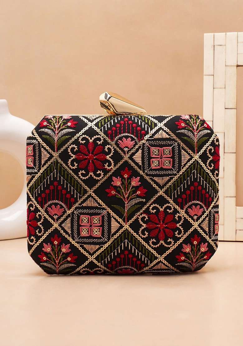 Black Embroidered Satin Clutches - Indya