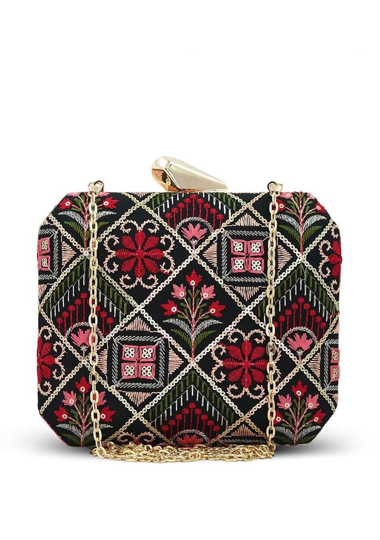 Black Embroidered Satin Clutches - Indya