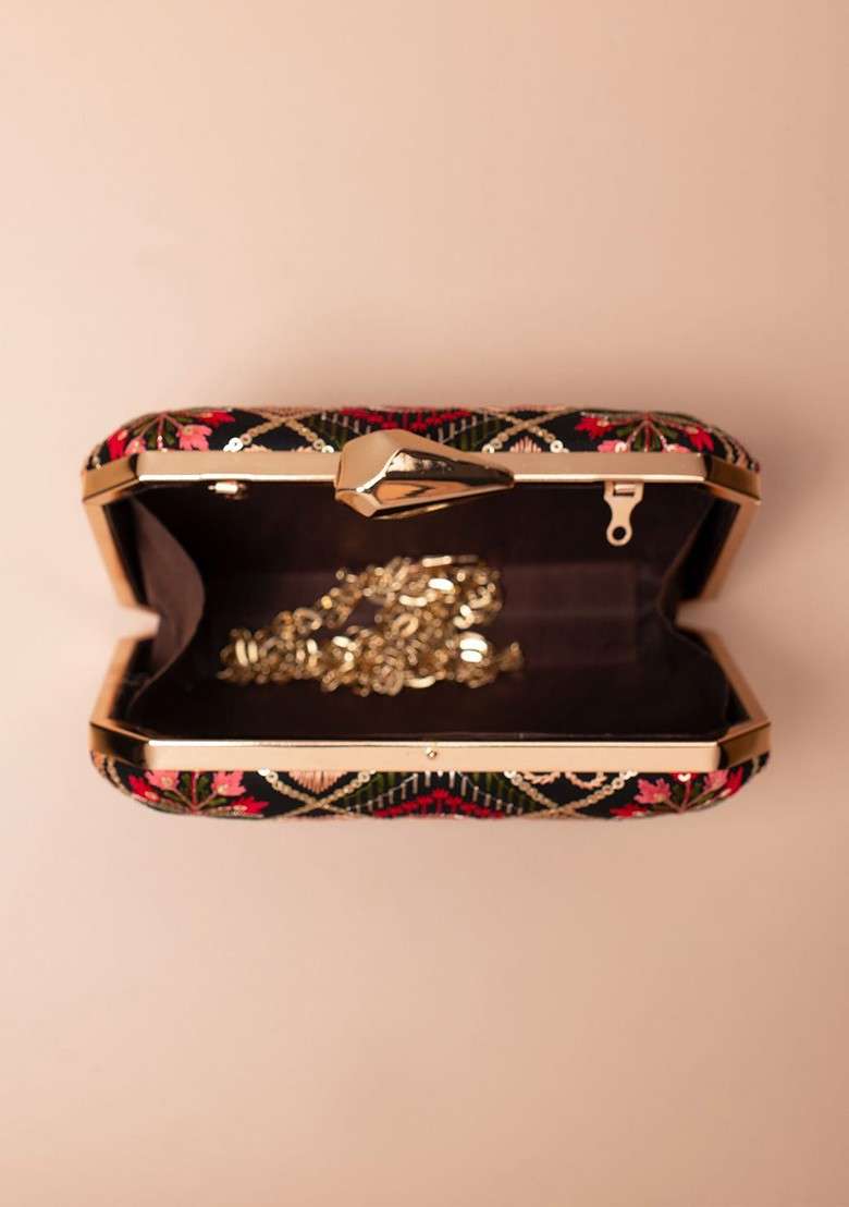 Black Embroidered Satin Clutches - Indya