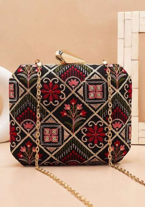 Black Embroidered Satin Clutches