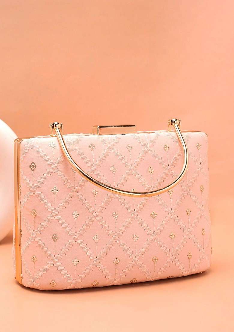 Pink Embroidered Satin Clutches - Indya
