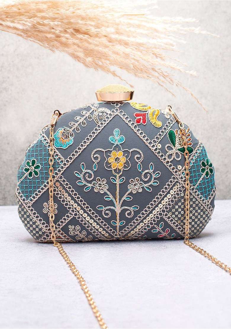 Grey Embroidered Satin Clutches - Indya