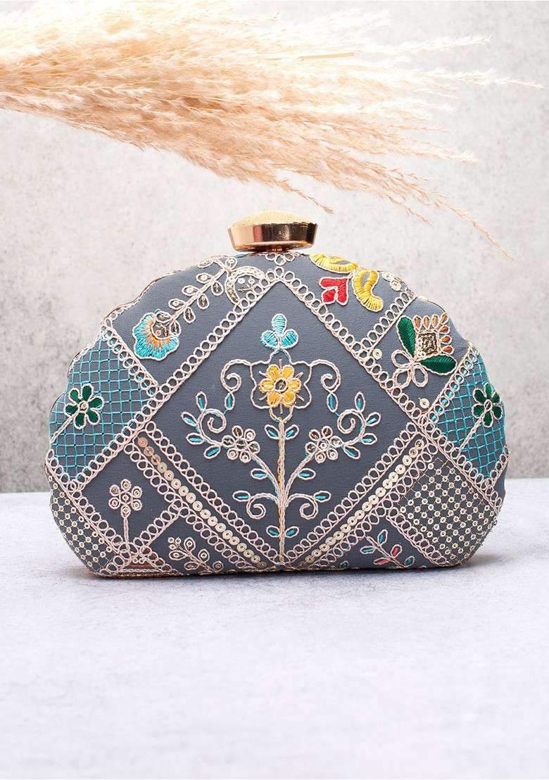 Grey Embroidered Satin Clutches - Indya