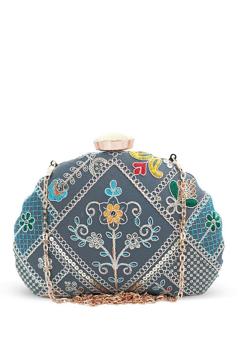 Grey Embroidered Satin Clutches - Indya