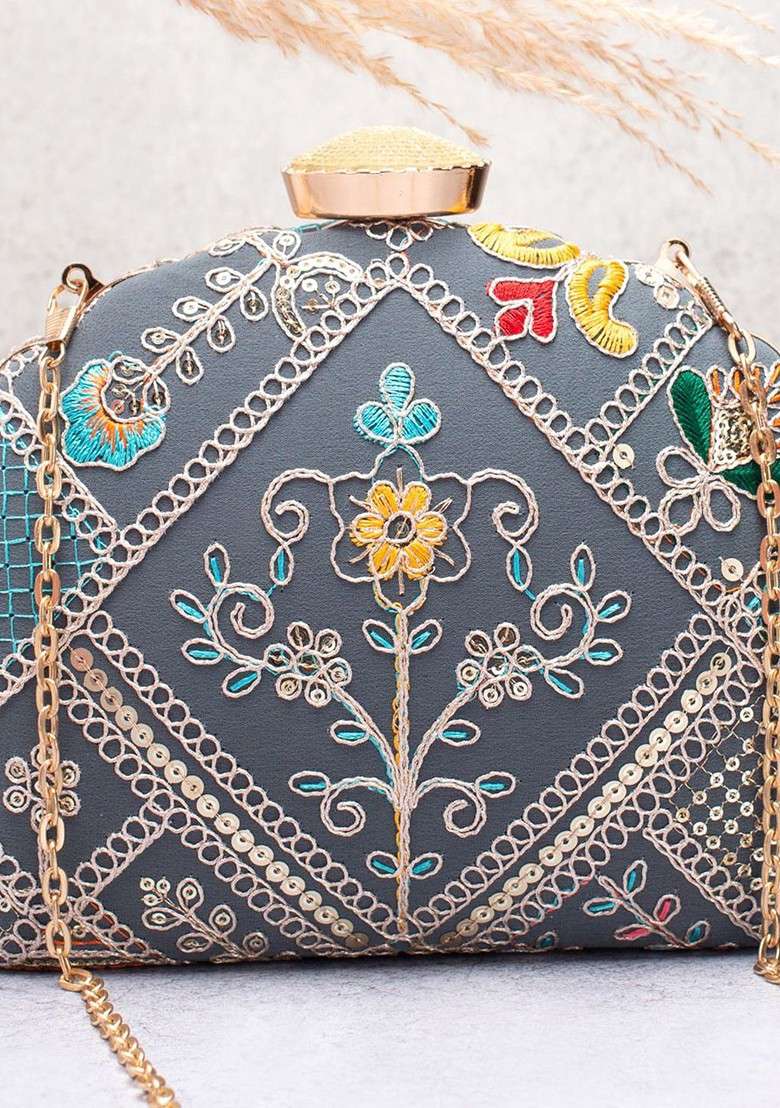 Grey Embroidered Satin Clutches - Indya