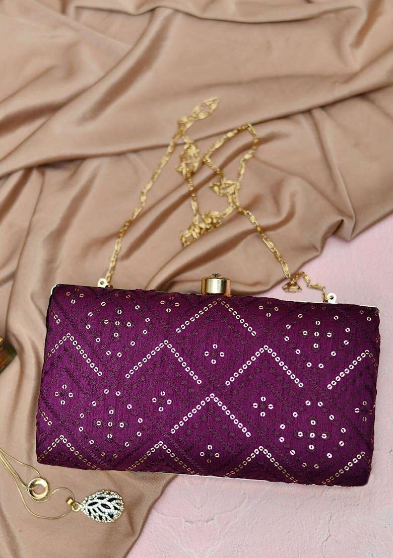 Purple Embroidered Satin Clutches - Indya