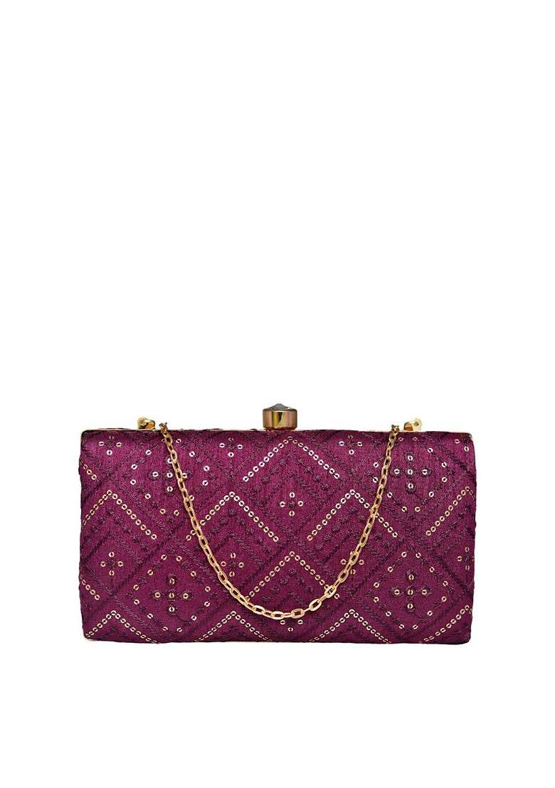 Purple Embroidered Satin Clutches - Indya
