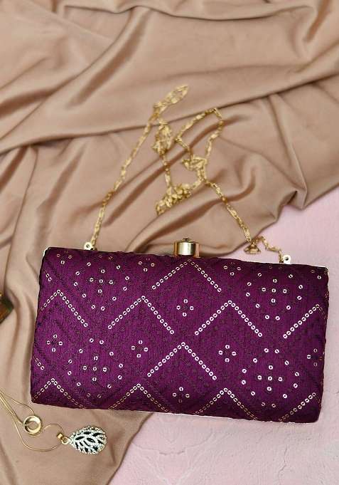 Purple Embroidered Satin Clutches