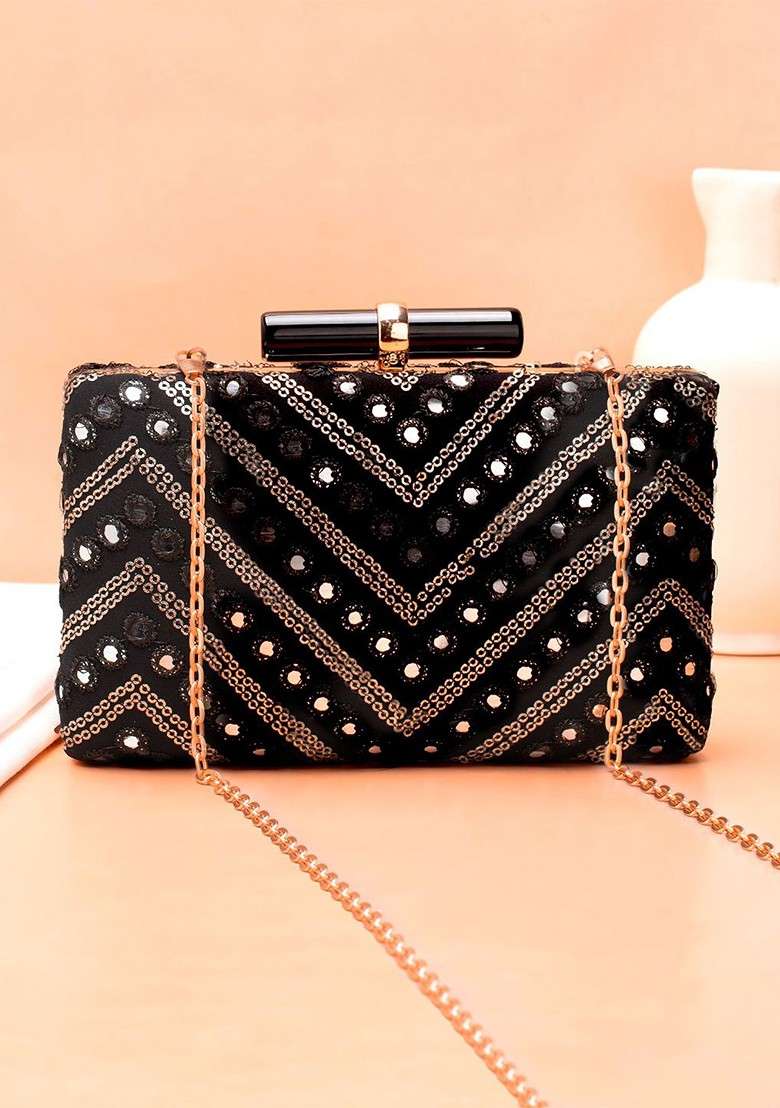 Black Embroidered Satin Clutches - Indya