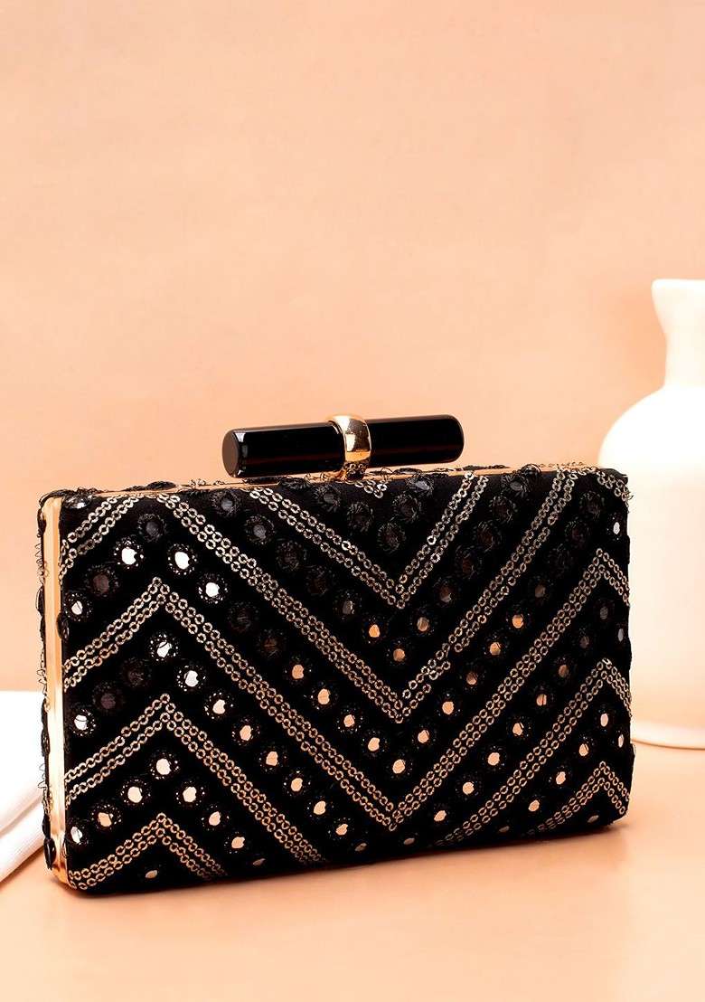 Black Embroidered Satin Clutches - Indya