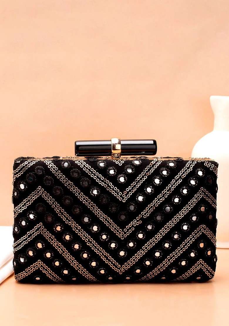 Black Embroidered Satin Clutches - Indya