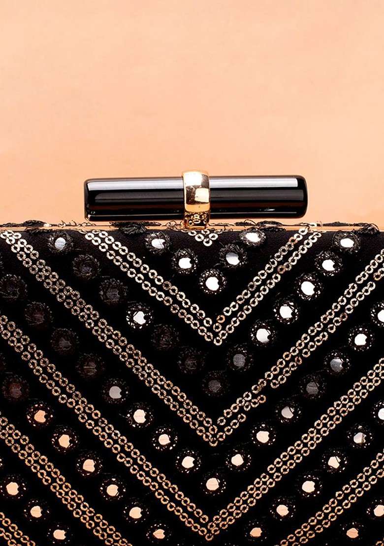 Black Embroidered Satin Clutches - Indya