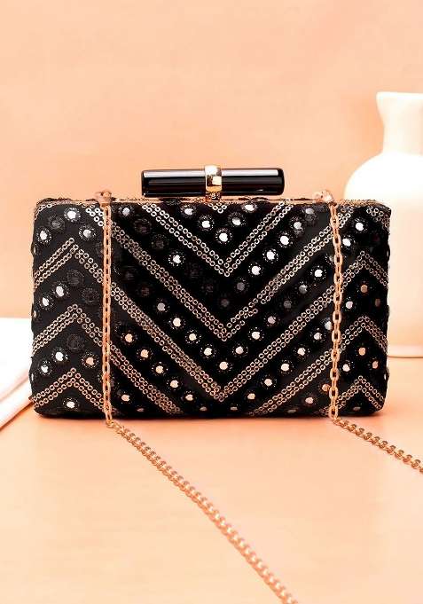Black Embroidered Satin Clutches