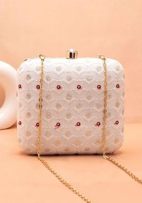 White Embroidered Satin Clutches